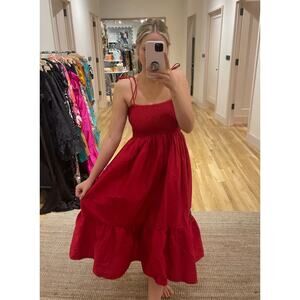 DHRUV KAPOOR Red Smocked Cerise Midi Dress Size Small